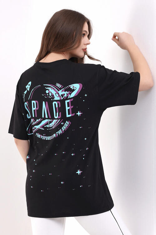 Space Printed Crew Neck Short Sleeve Unisex T-Shirt