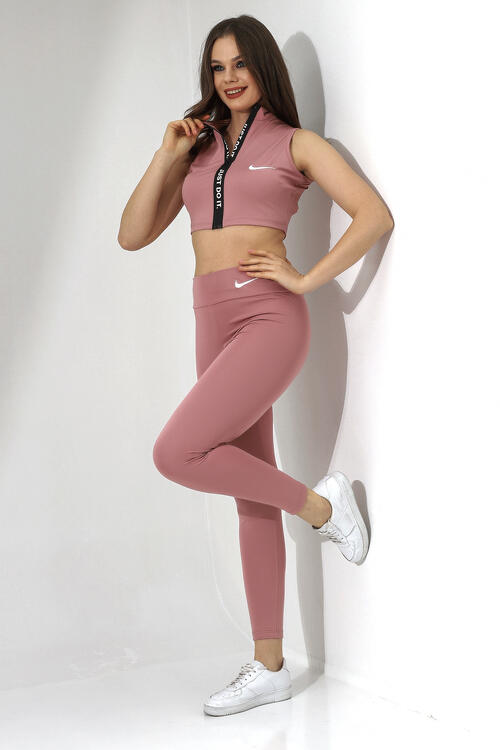 Fermuarlı Yarım Balıkçı Sıfır Kollu Crop Ve Tayt