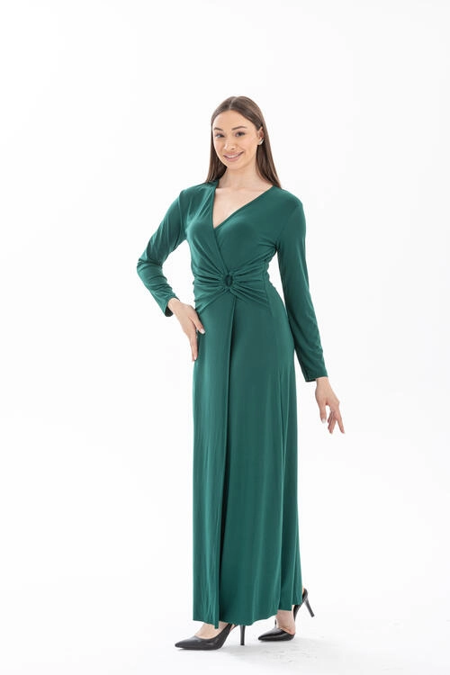 Waist Detailed Long Sleeve Long Dress