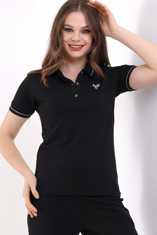 Polo Neck Short Sleeve Black T-Shirt