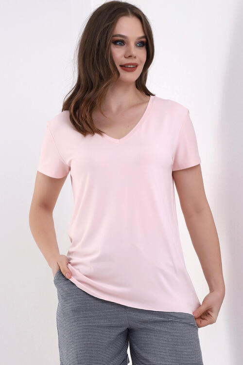 V-Neck Short Sleeve Pink T-Shirt