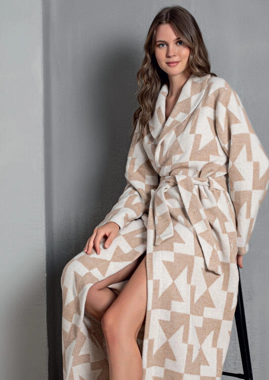 Double Breasted Collar Brown Cream Blended Dressing Gown