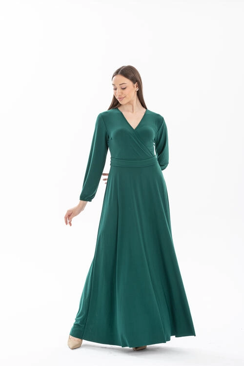 V Neck Green Colored Long Dress