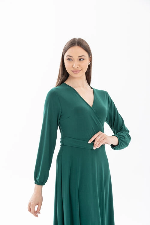V Neck Green Colored Long Dress