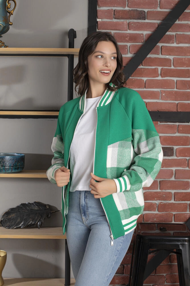 Green Plaid Detailed College Jacket